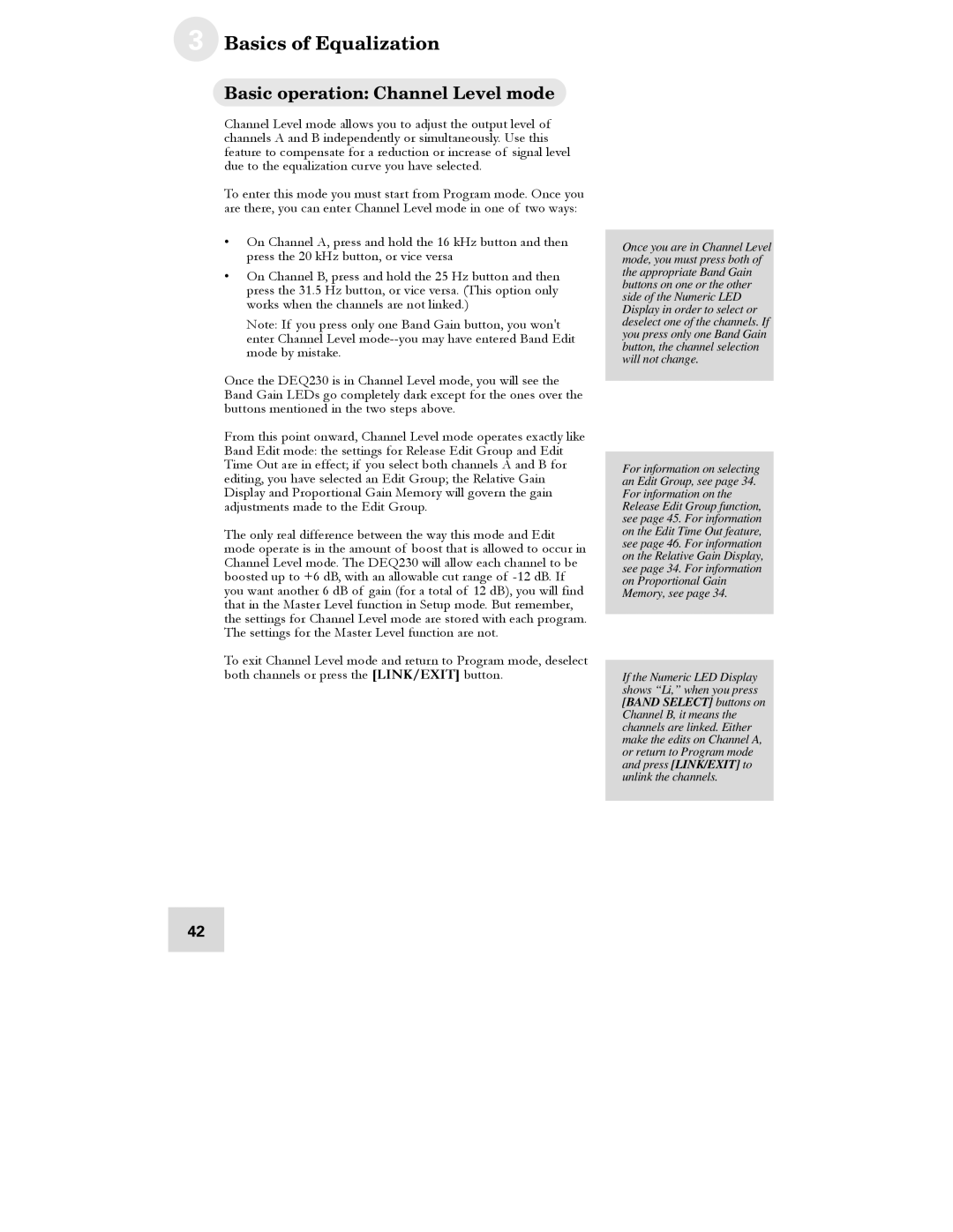 Alesis DEQ230D manual Basic operation Channel Level mode 