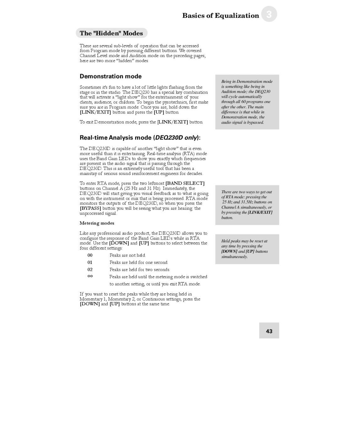Alesis manual Hidden Modes, Demonstration mode, Real-time Analysis mode DEQ230D only, Metering modes 
