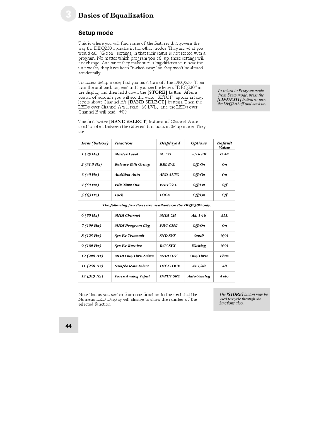 Alesis DEQ230D manual Setup mode, Item button Function Displayed Options Default Value 