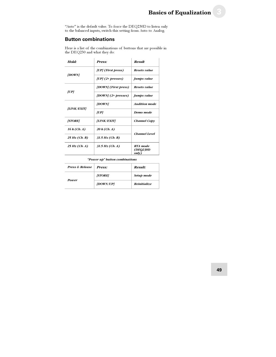 Alesis DEQ230D manual Button combinations, Hold Press Result 