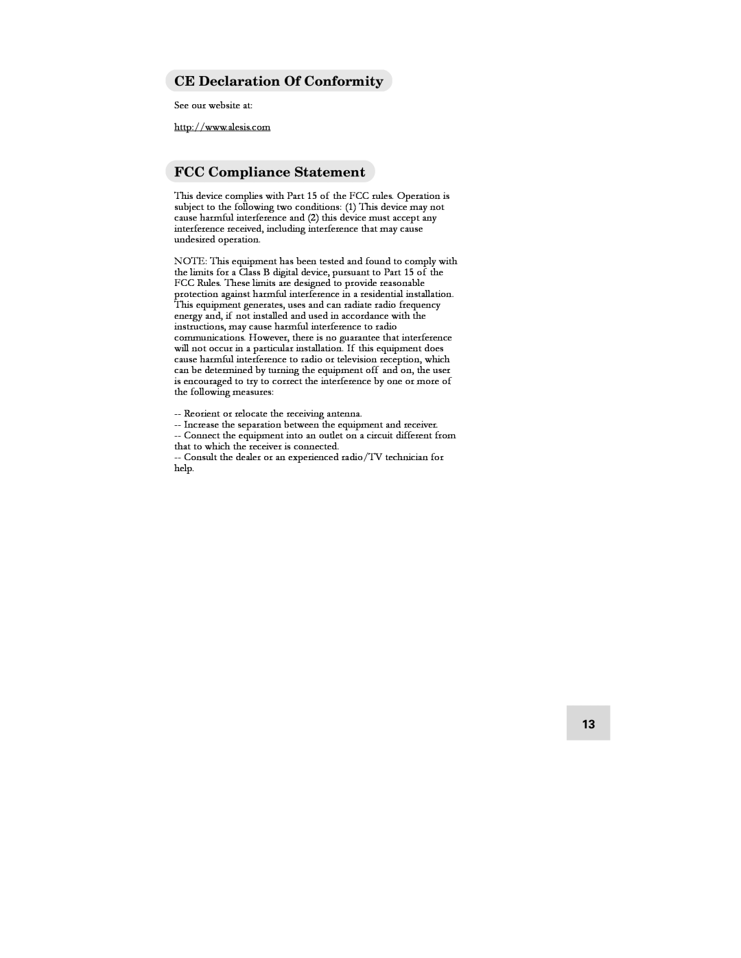 Alesis DEQ230D manual CE Declaration Of Conformity, FCC Compliance Statement 
