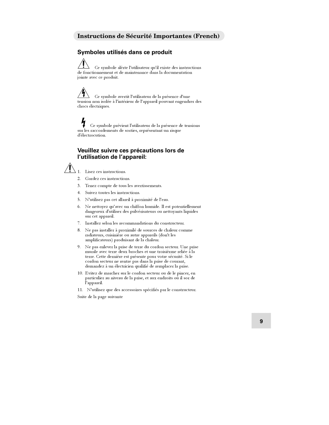 Alesis DEQ830 manual Instructions de Sécurité Importantes French, Symboles utilisés dans ce produit 