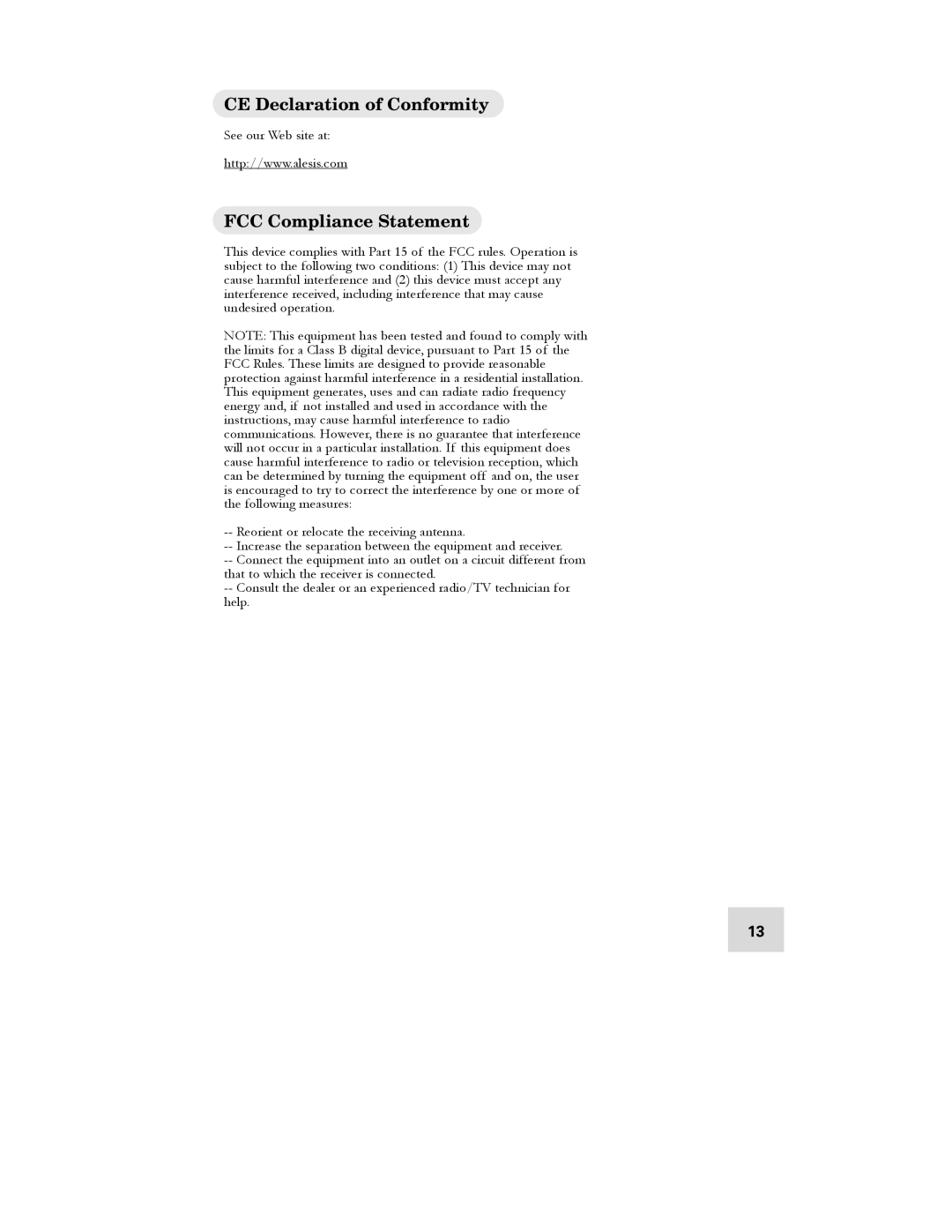 Alesis DEQ830 manual CE Declaration of Conformity, FCC Compliance Statement 