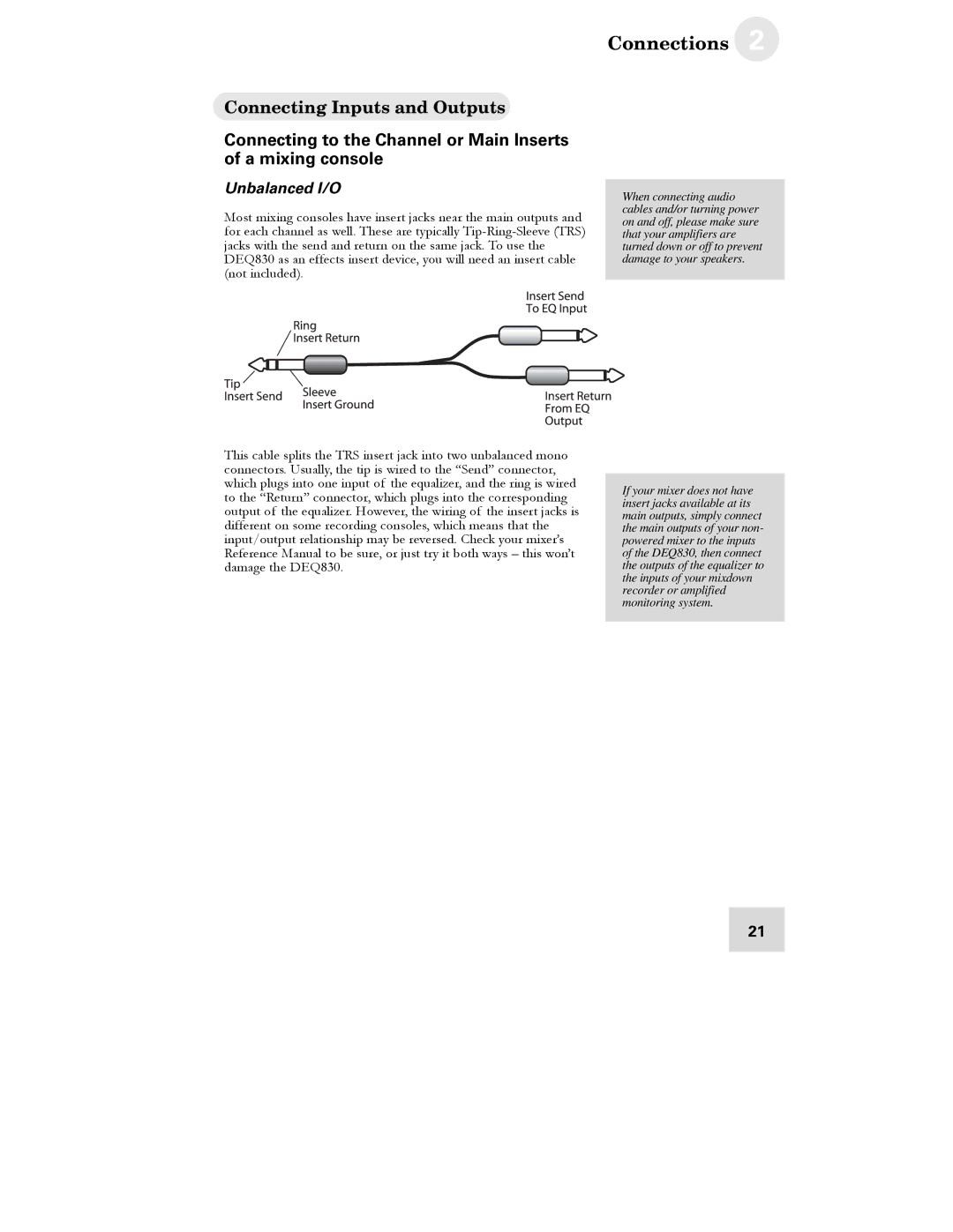 Alesis DEQ830 manual Connecting Inputs and Outputs, Unbalanced I/O 