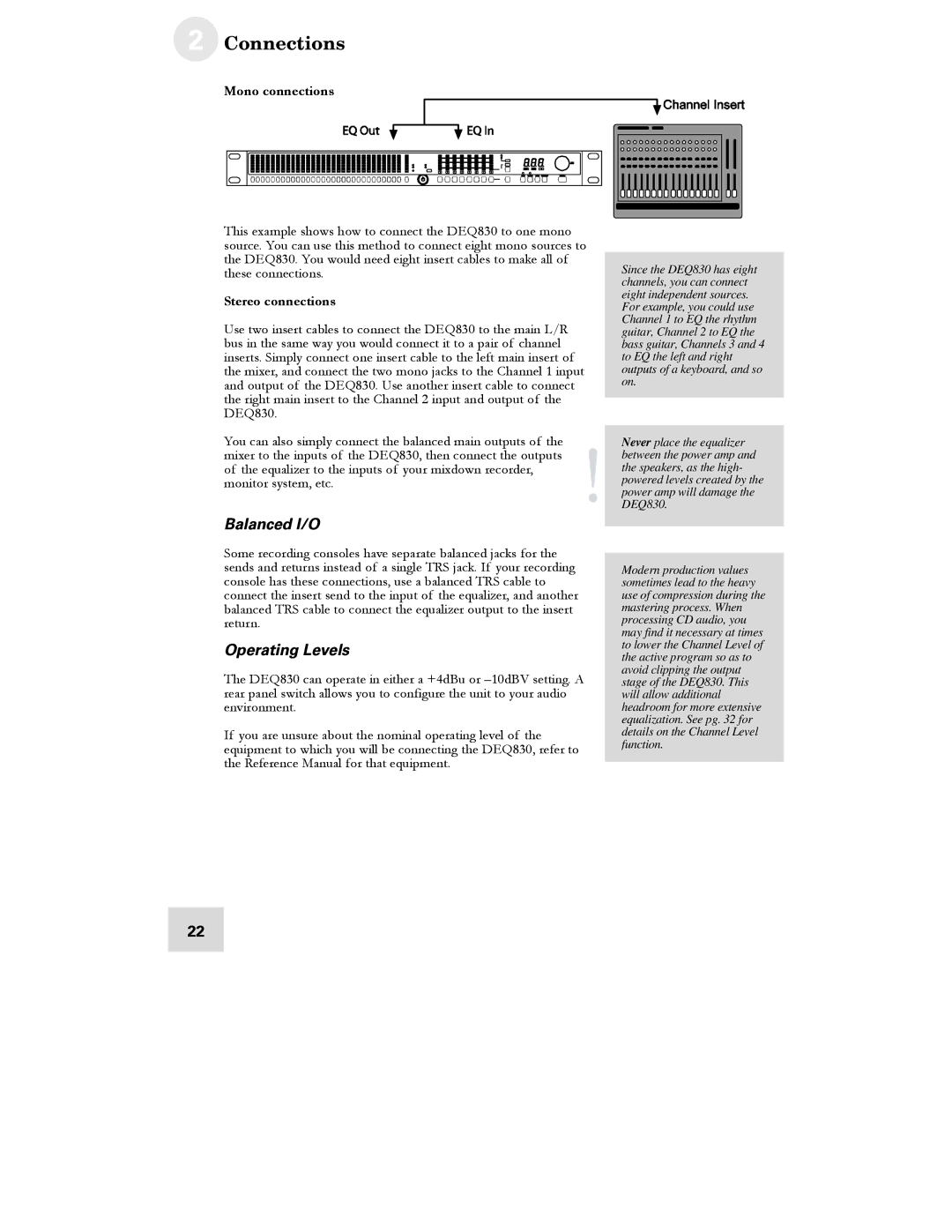 Alesis DEQ830 manual Balanced I/O, Operating Levels, Mono connections, Stereo connections 