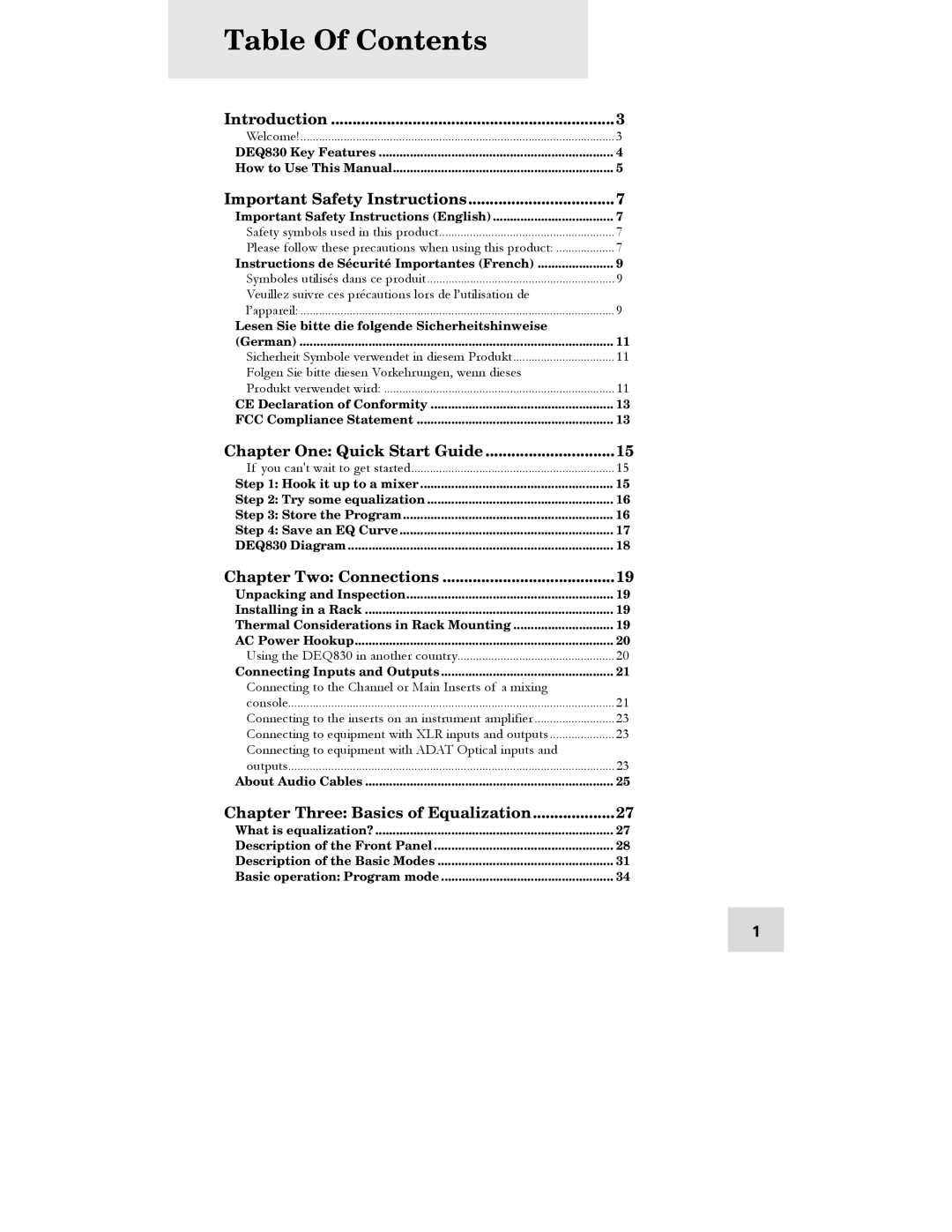 Alesis DEQ830 manual Table Of Contents 