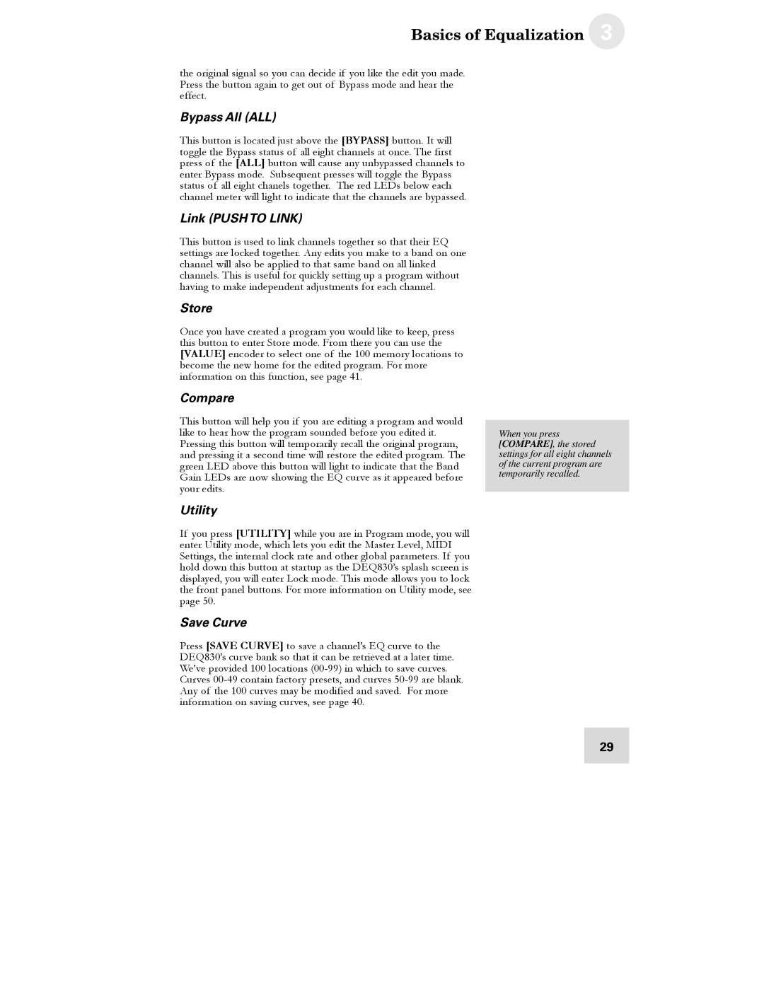 Alesis DEQ830 manual Bypass All ALL, Link Push to Link, Store, Compare, Utility, Save Curve 