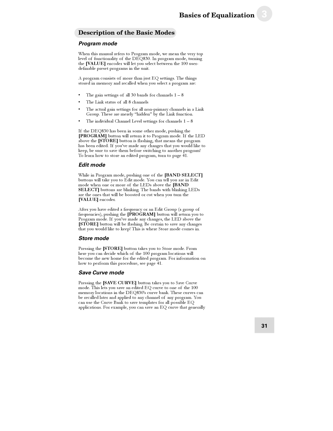 Alesis DEQ830 manual Description of the Basic Modes, Program mode, Edit mode, Store mode, Save Curve mode 