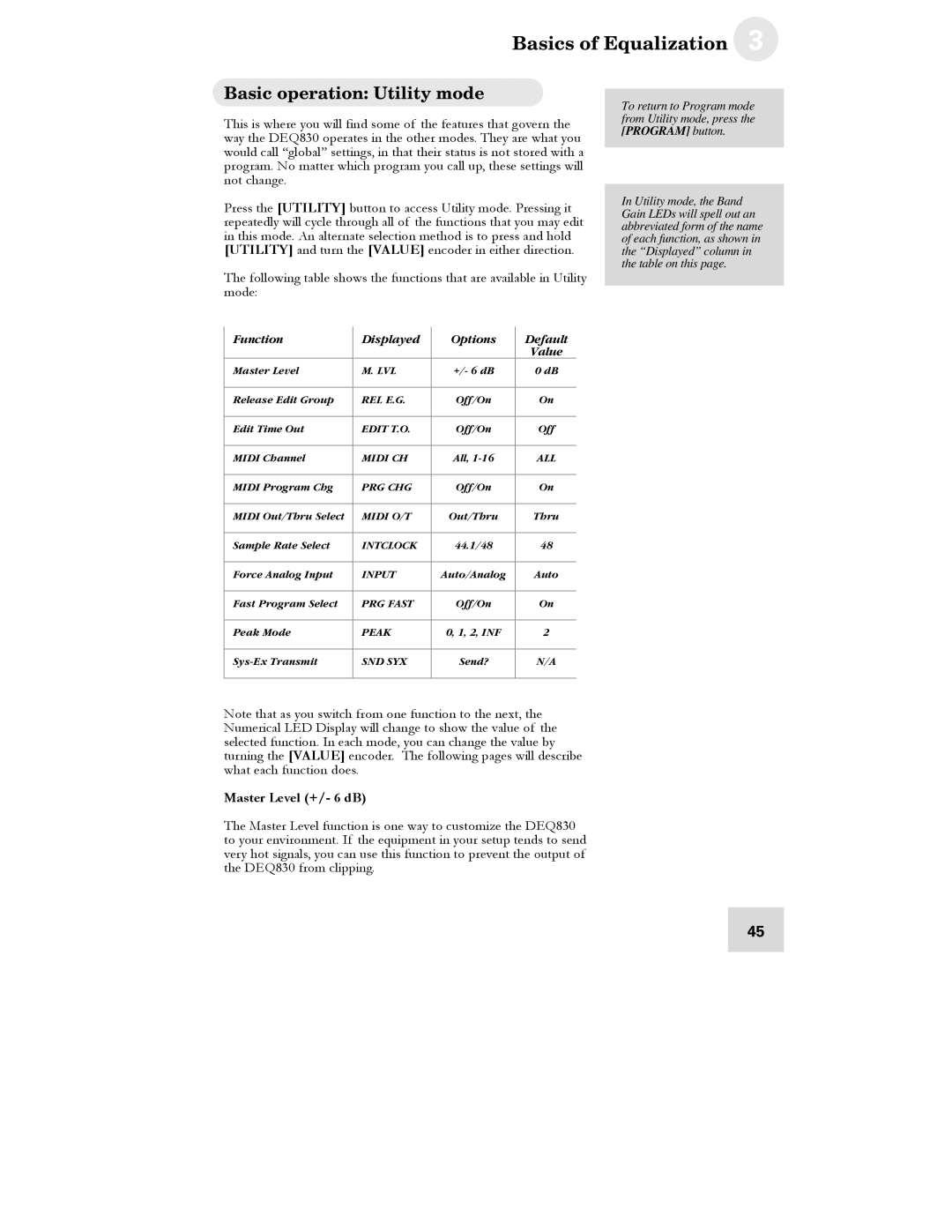 Alesis DEQ830 manual Basic operation Utility mode, Master Level +/- 6 dB 