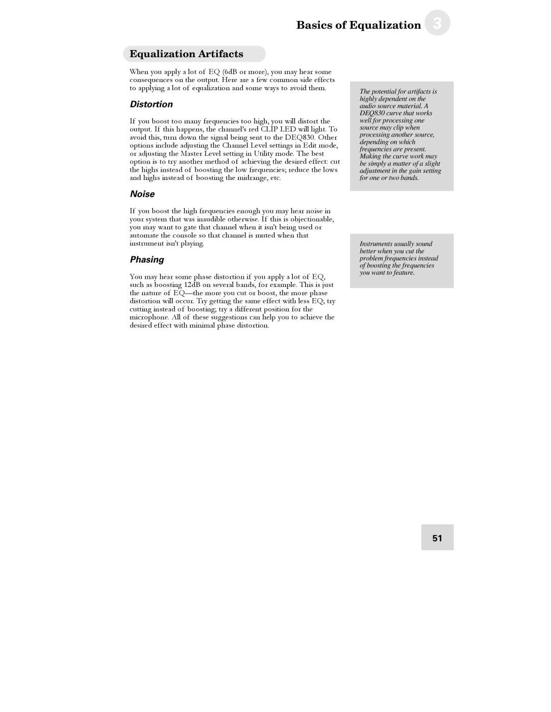 Alesis DEQ830 manual Equalization Artifacts, Distortion, Noise, Phasing 
