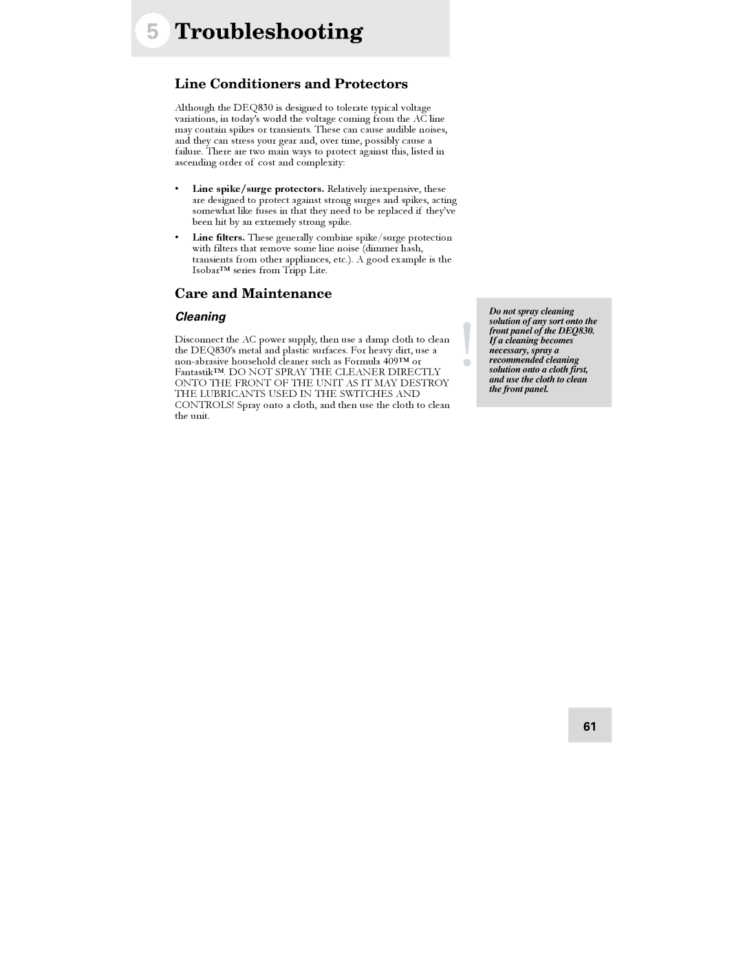 Alesis DEQ830 manual Troubleshooting, Line Conditioners and Protectors, Care and Maintenance, Cleaning 