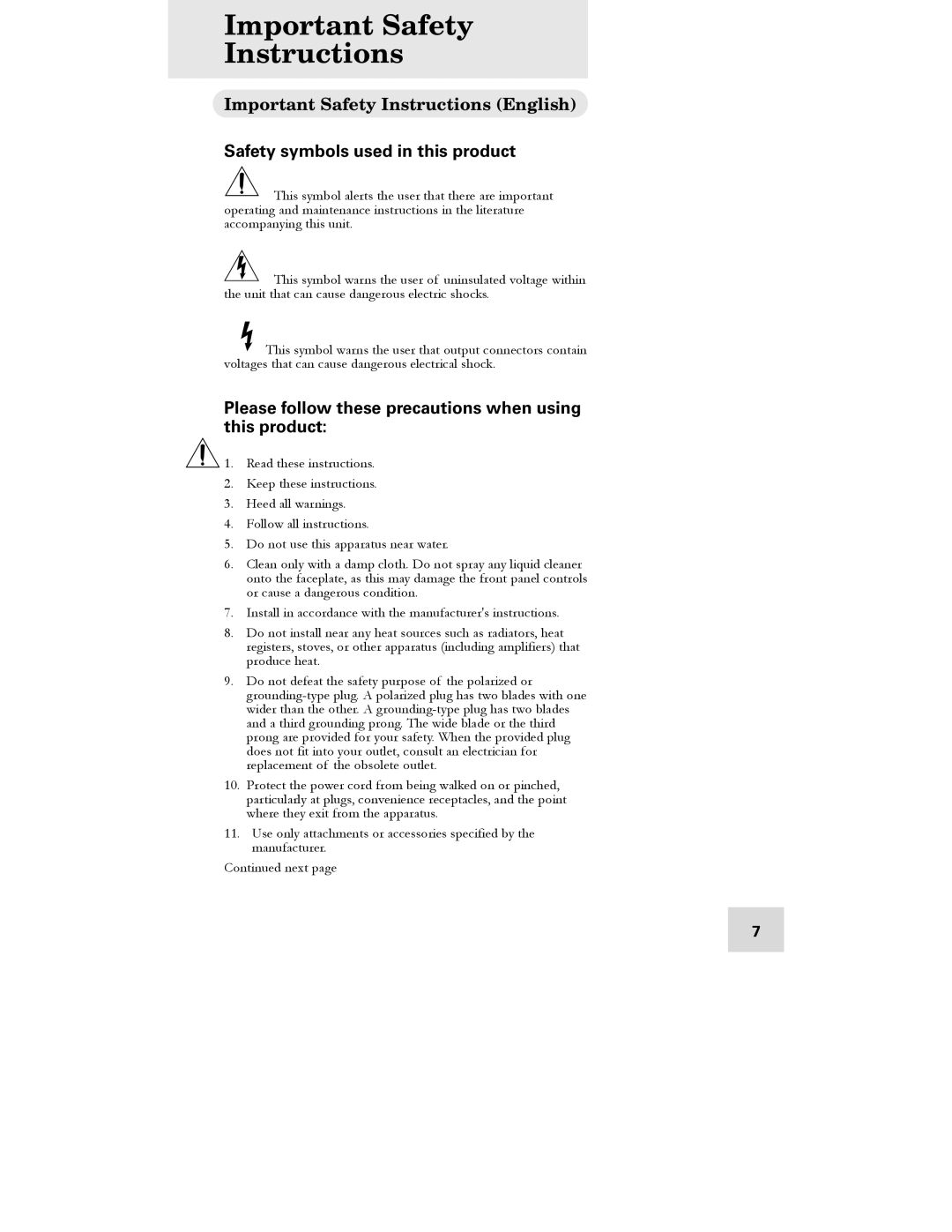 Alesis DEQ830 manual Important Safety Instructions English, Safety symbols used in this product 