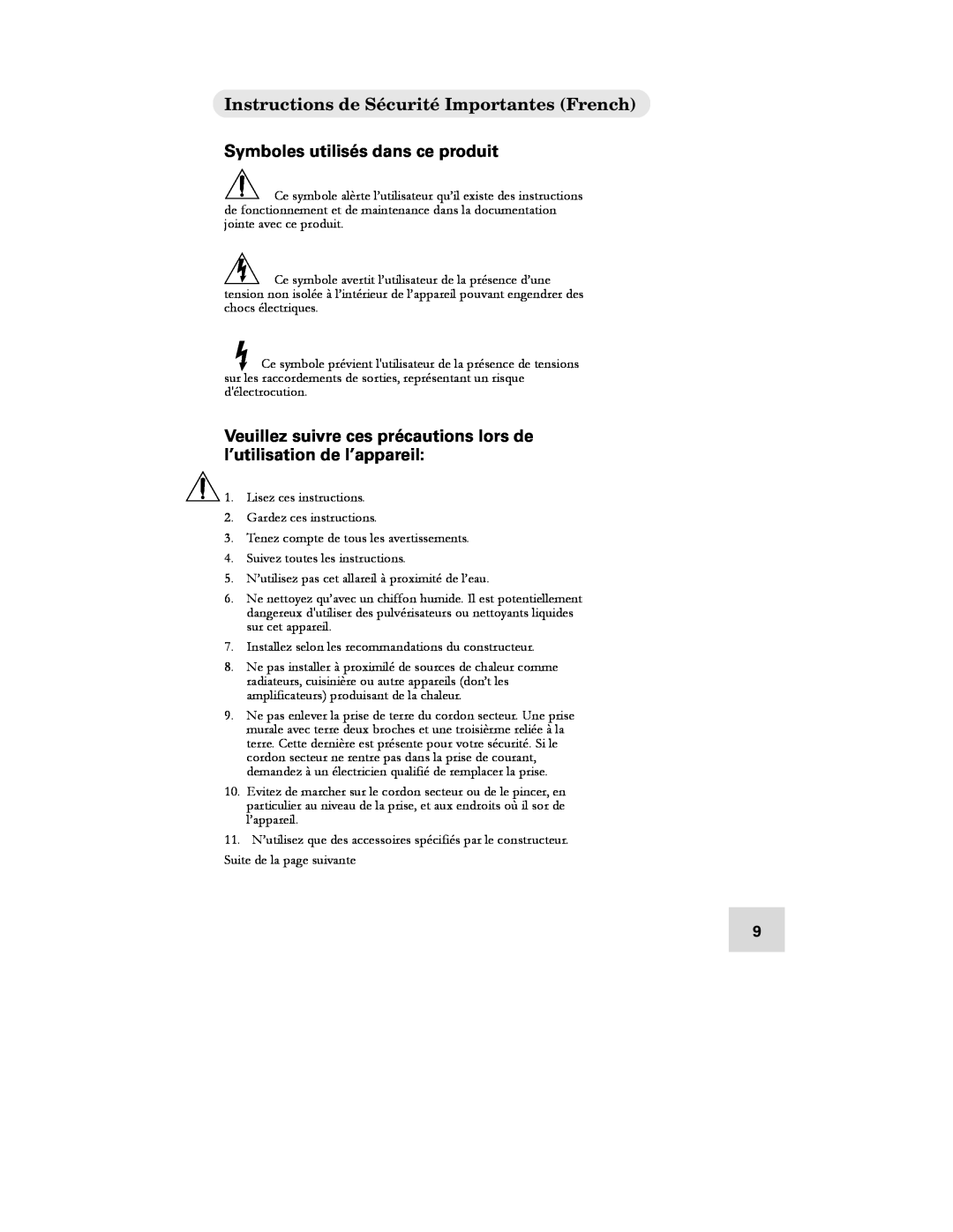 Alesis DEQ830 manual Instructions de Sécurité Importantes French, Symboles utilisés dans ce produit 