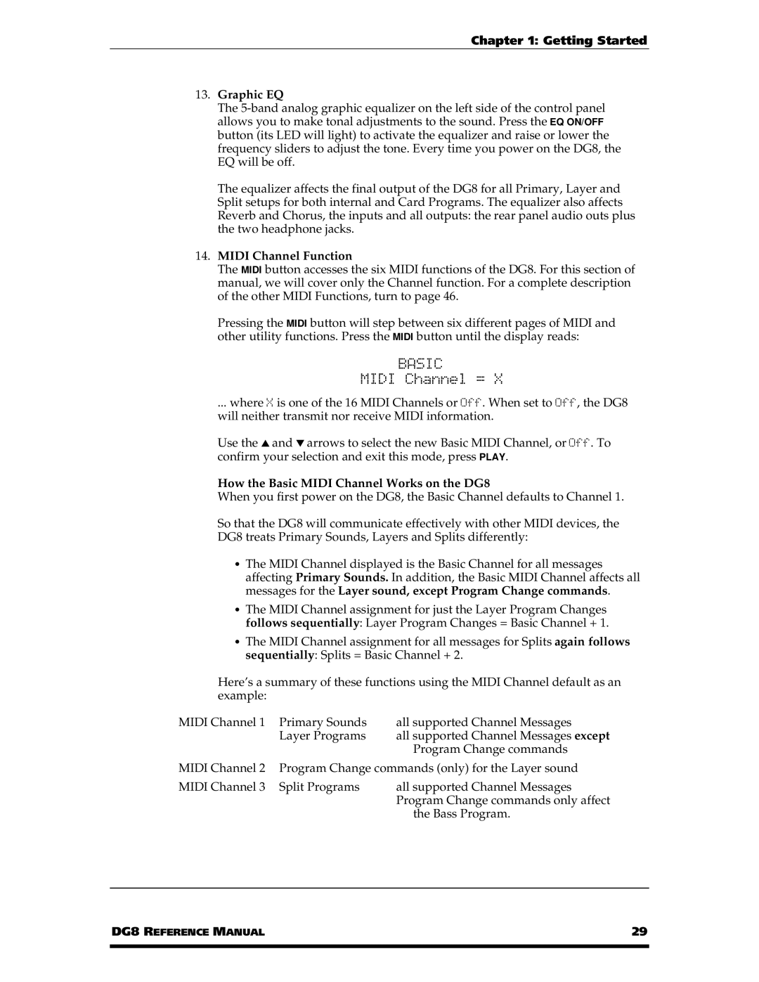 Alesis manual Graphic EQ, Midi Channel Function, How the Basic Midi Channel Works on the DG8 