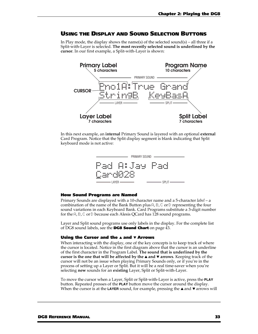 Alesis DG8 manual Using the Display and Sound Selection Buttons, How Sound Programs are Named 