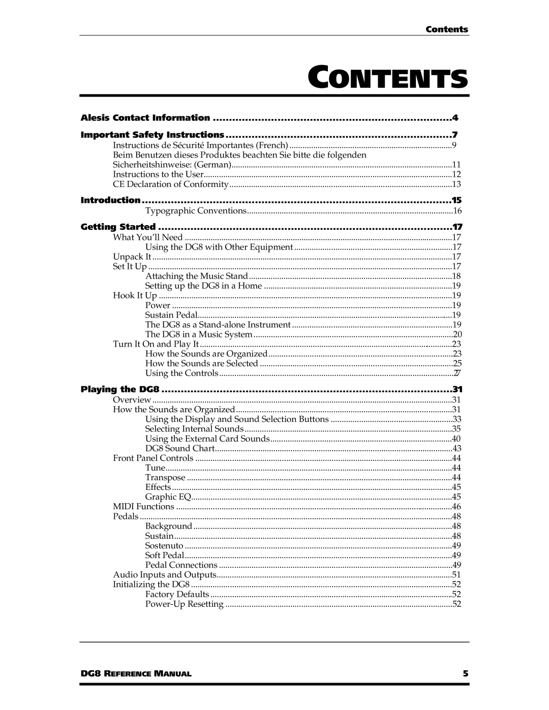 Alesis DG8 manual Contents 