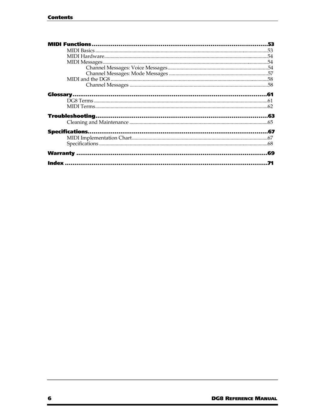 Alesis DG8 manual Contents Midi Functions, Glossary, Troubleshooting, Specifications, Warranty Index 