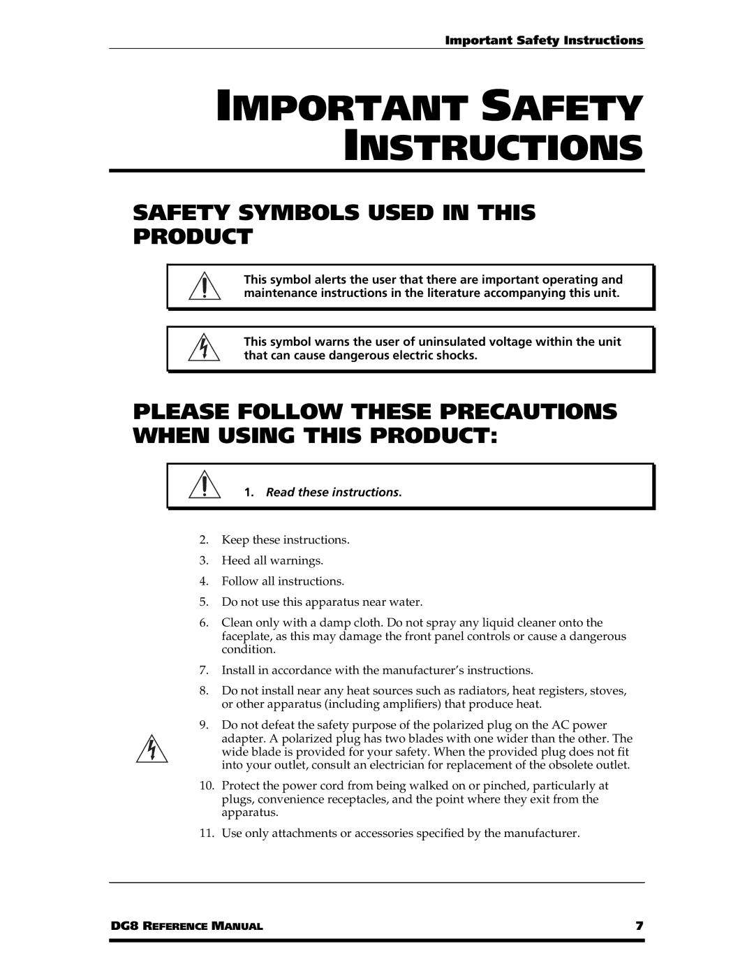 Alesis DG8 manual Important Safety Instructions, Safety Symbols Used in this Product 