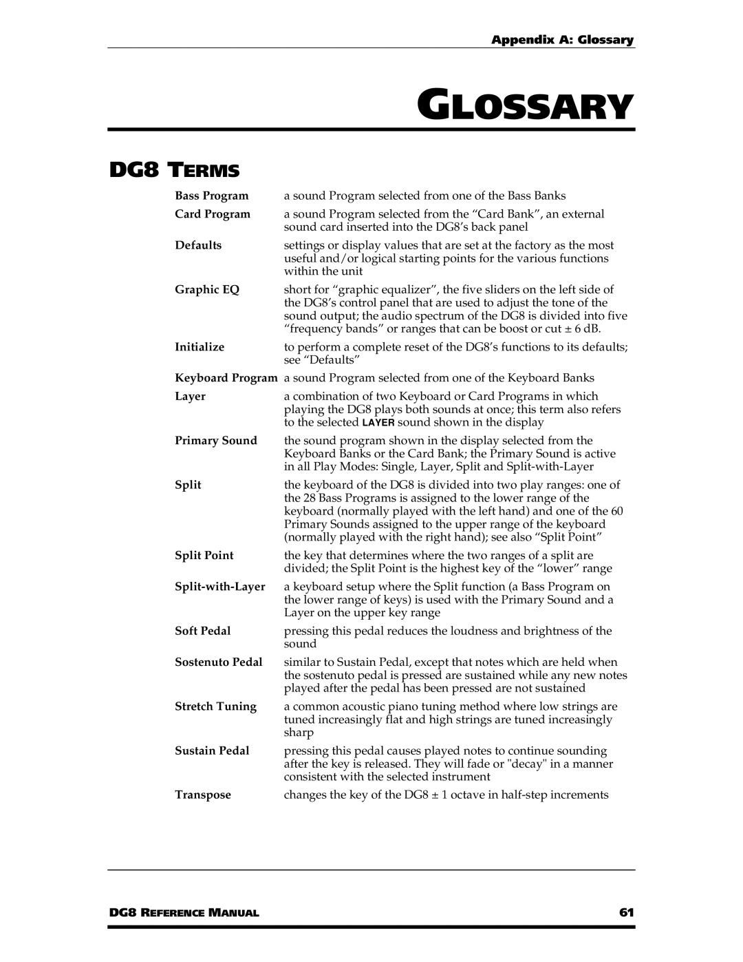 Alesis DG8 manual Appendix a Glossary 