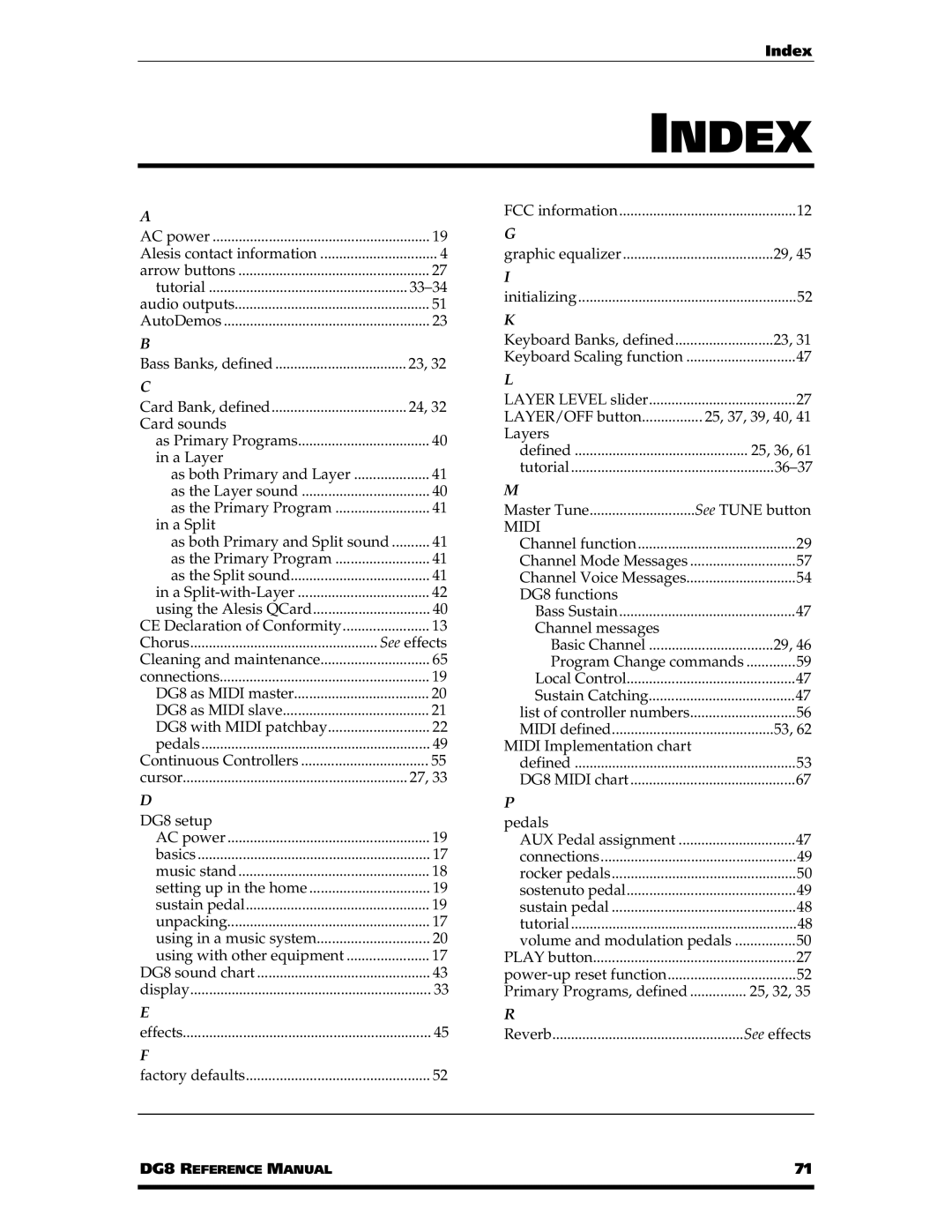 Alesis DG8 manual Index, A Split As both Primary and Split sound 