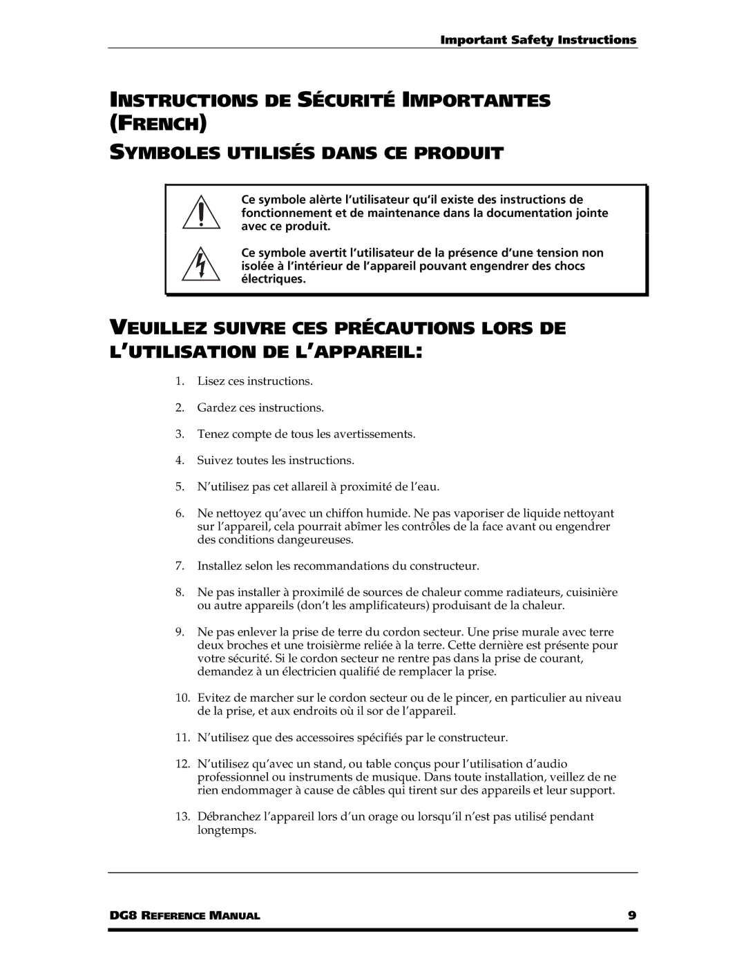 Alesis DG8 manual Important Safety Instructions 