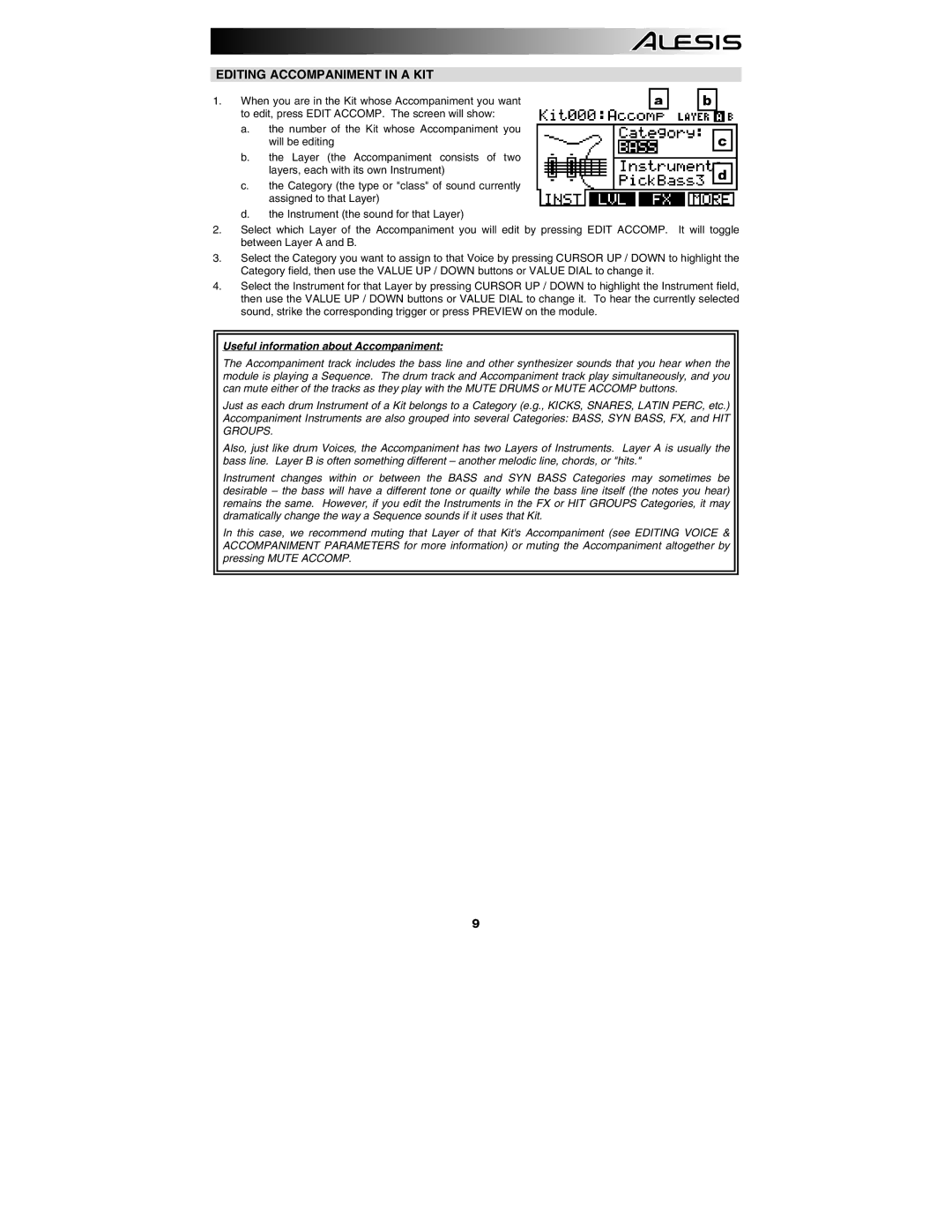 Alesis DM10 manual Editing Accompaniment in a KIT, Useful information about Accompaniment 