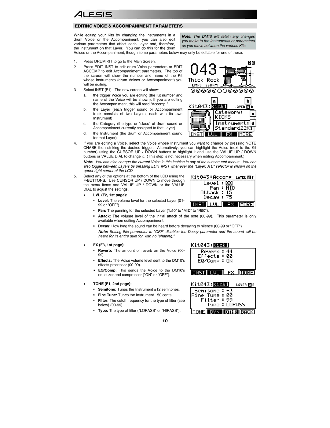 Alesis DM10 manual Editing Voice & Accompaniment Parameters, LVL F2, 1st, FX F3, 1st, Tone F1, 2nd 