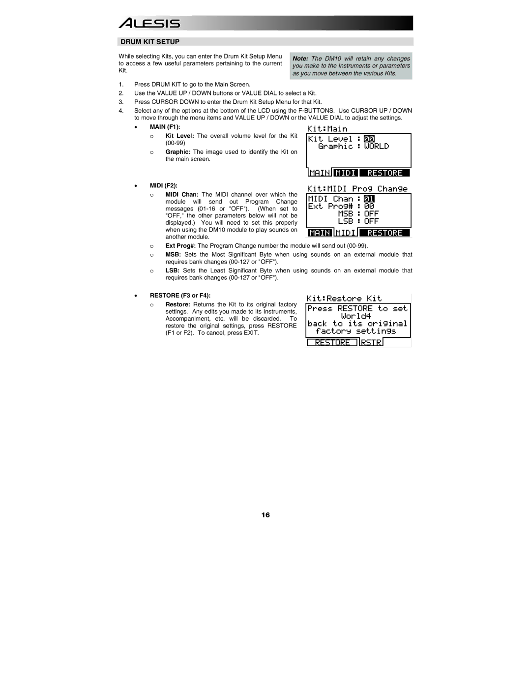 Alesis DM10 manual Drum KIT Setup, Main F1, Midi F2, Restore F3 or F4 