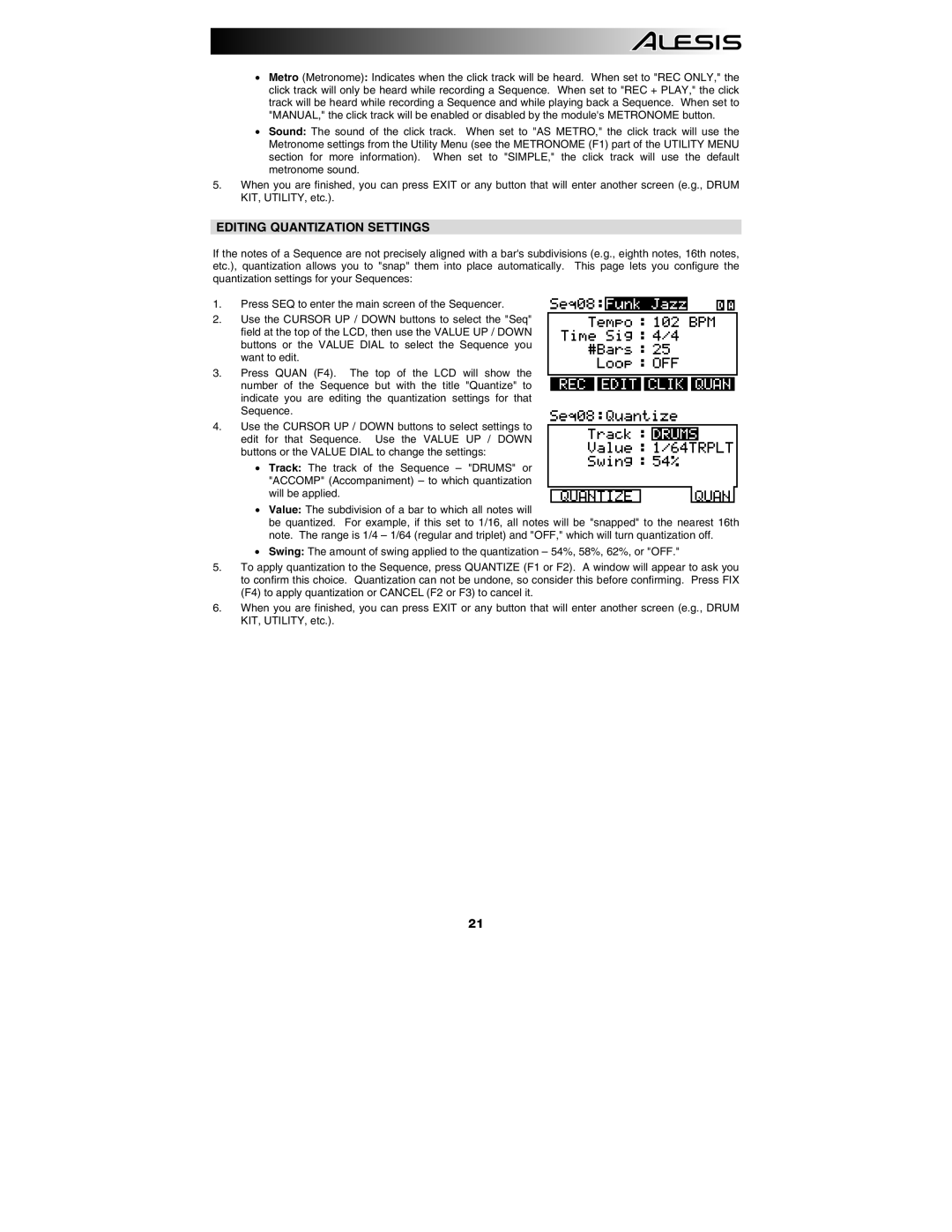 Alesis DM10 manual Editing Quantization Settings 