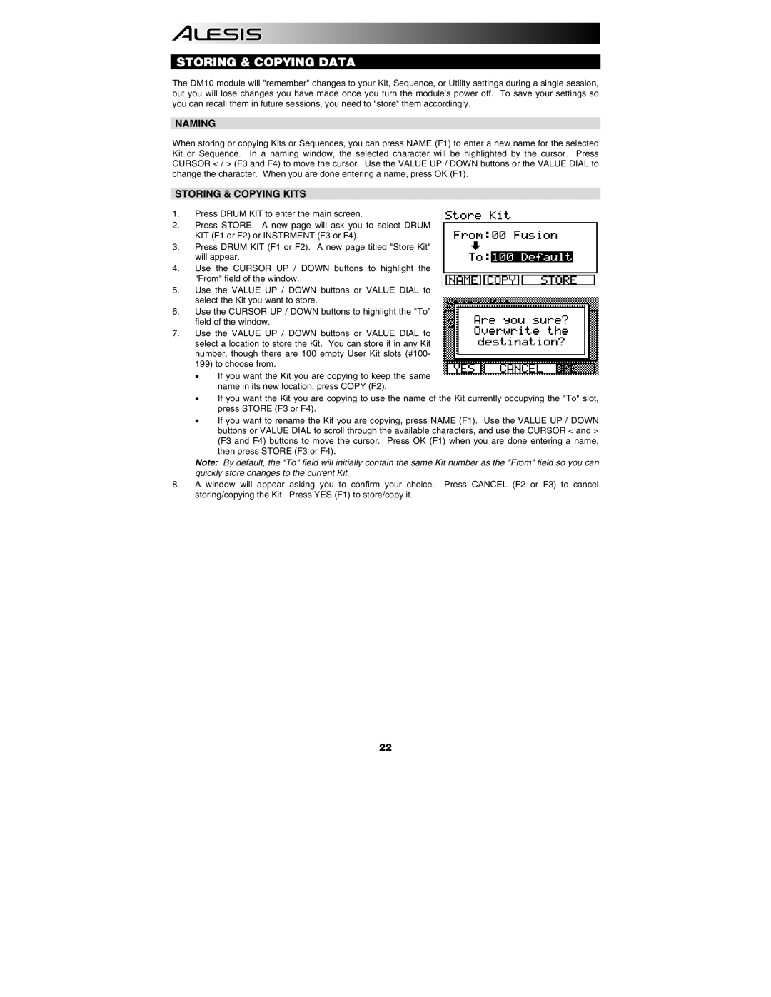 Alesis DM10 manual Storing & Copying Data, Naming, Storing & Copying Kits 