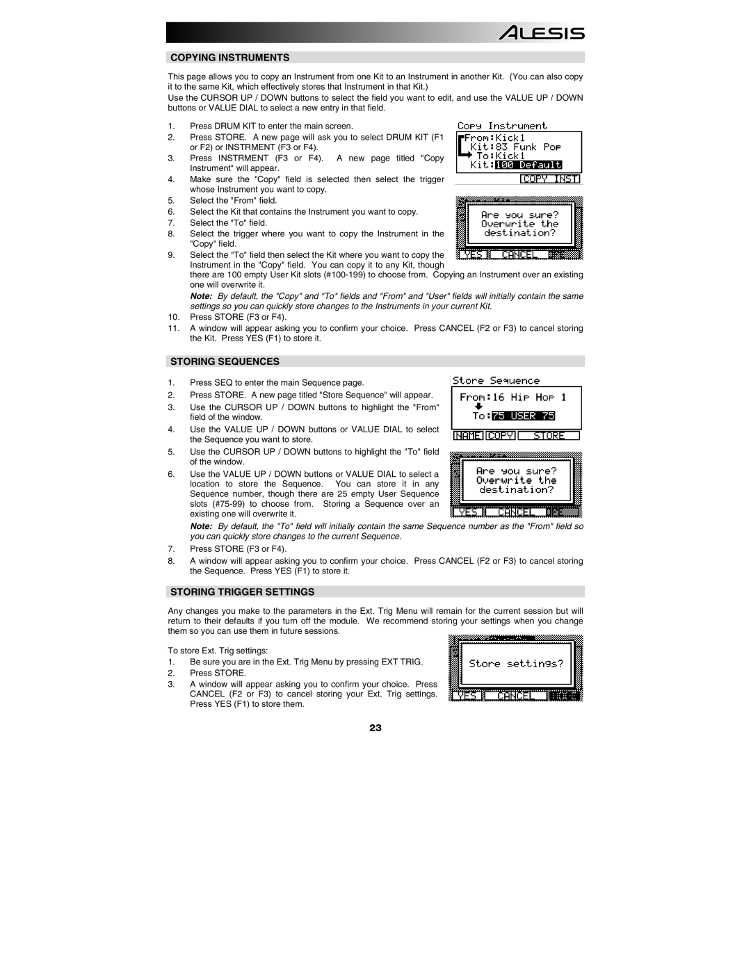 Alesis DM10 manual Copying Instruments, Storing Sequences, Storing Trigger Settings 