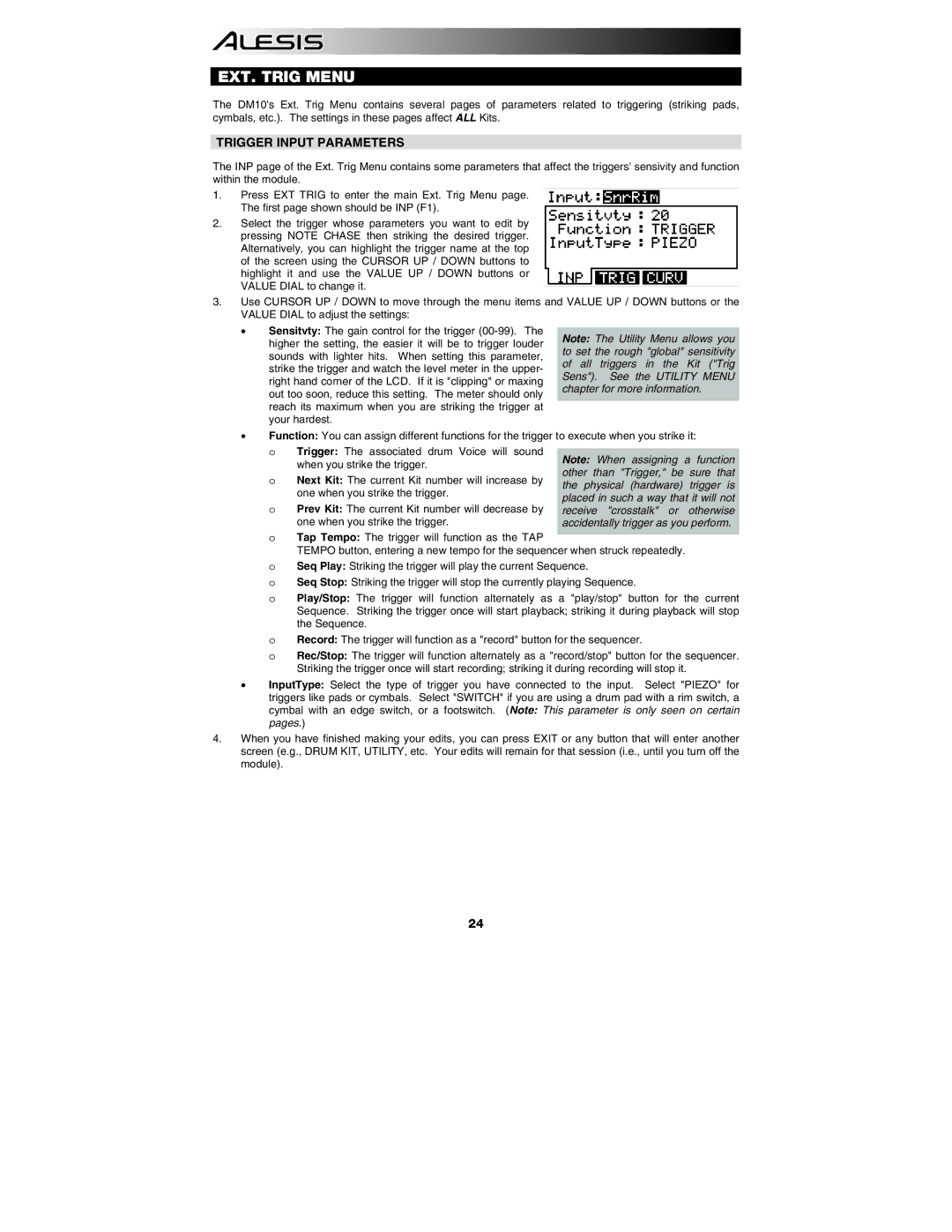 Alesis DM10 manual EXT. Trig Menu, Trigger Input Parameters 