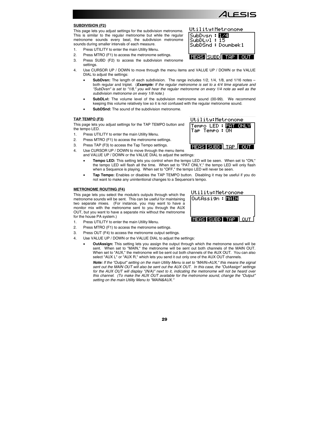 Alesis DM10 manual Subdivision F2, TAP Tempo F3, Metronome Routing F4 