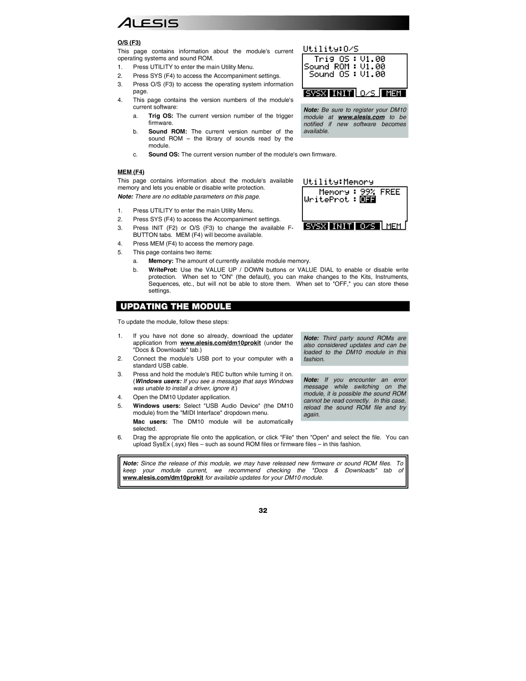 Alesis DM10 manual Updating the Module, MEM F4 