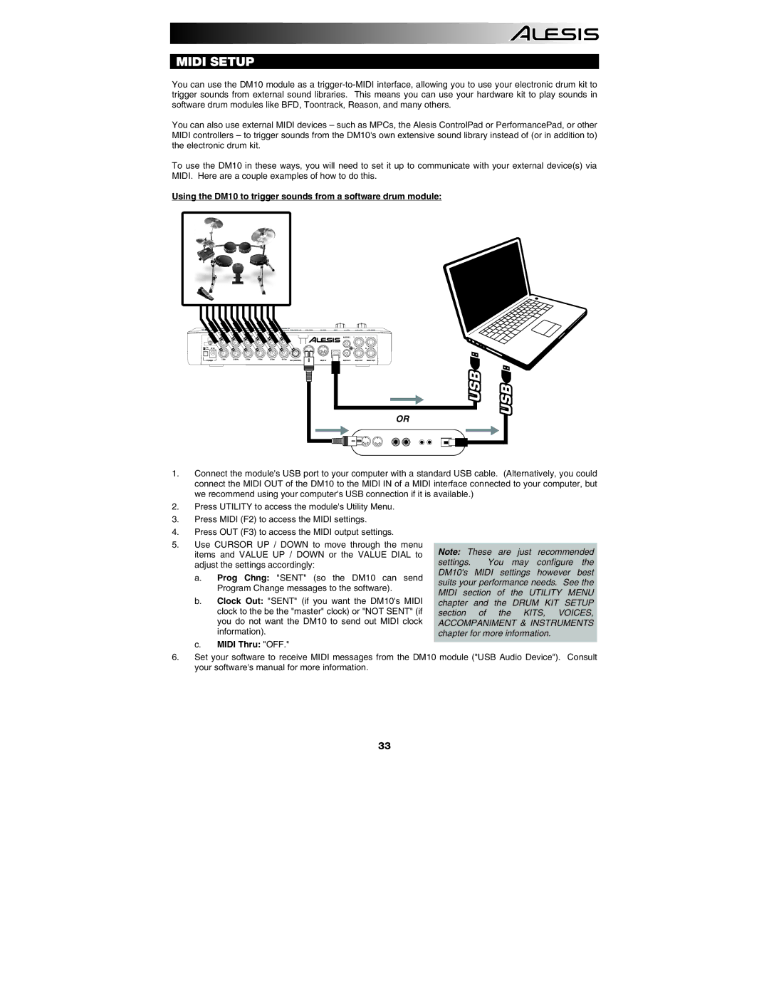 Alesis DM10 manual Midi Setup, Midi Thru OFF 