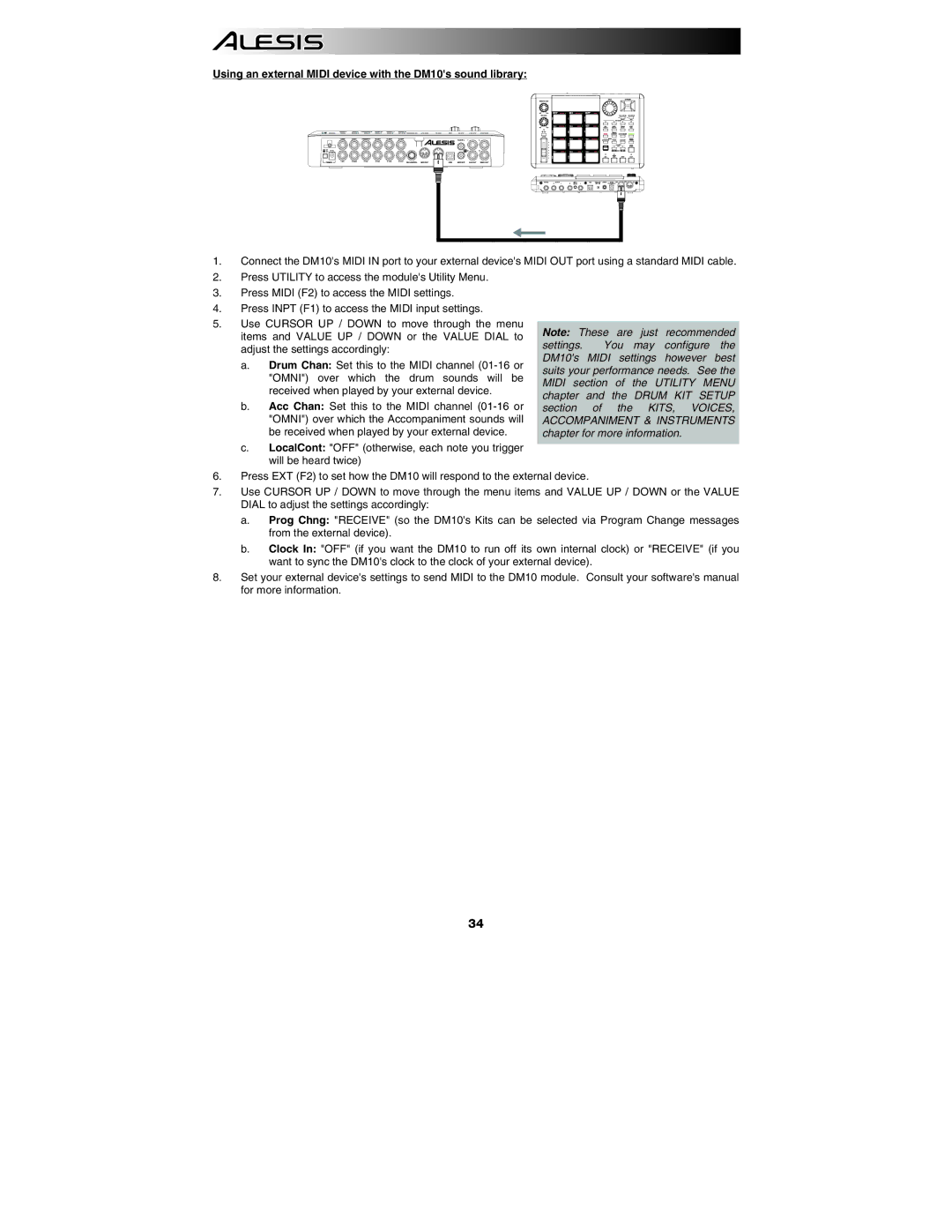 Alesis manual Using an external Midi device with the DM10s sound library 