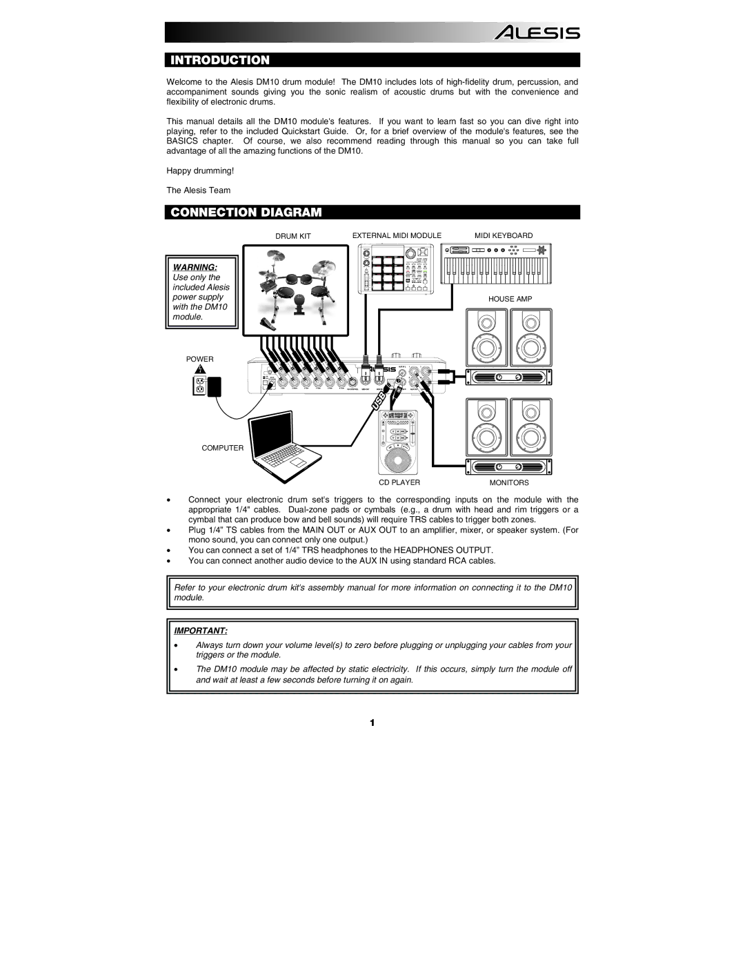 Alesis DM10 manual Introduction, Connection Diagram 