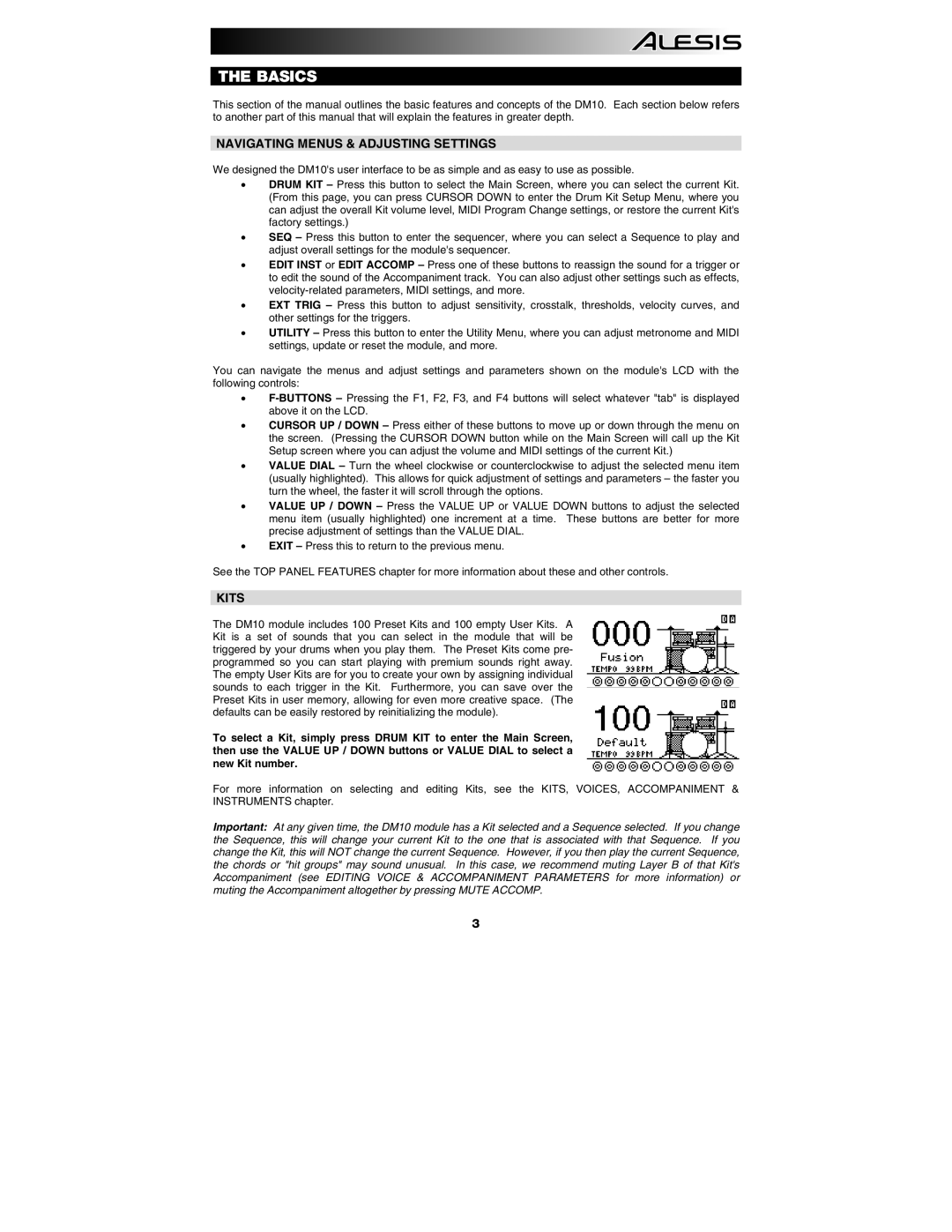 Alesis DM10 manual Basics, Navigating Menus & Adjusting Settings, Kits 