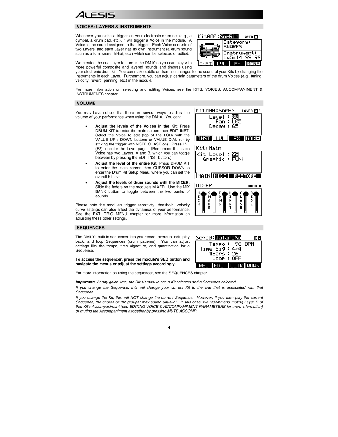 Alesis DM10 manual Voices Layers & Instruments, Volume, Sequences 