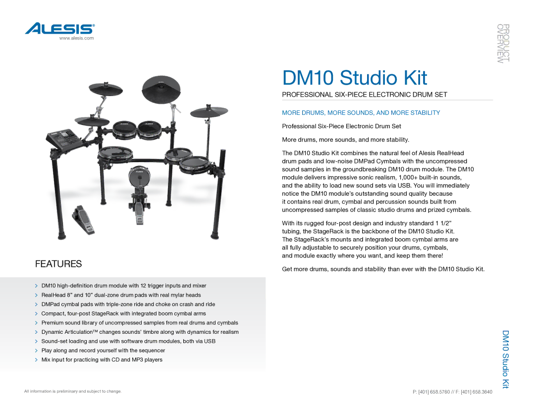 Alesis manual DM10 Studio Kit, Features, Professional Six-Piece Electronic Drum Set 