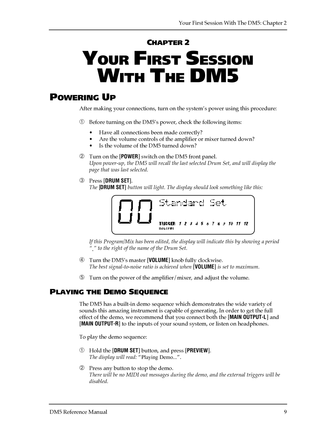 Alesis manual Your First Session With the DM5, Powering UP, Playing the Demo Sequence 