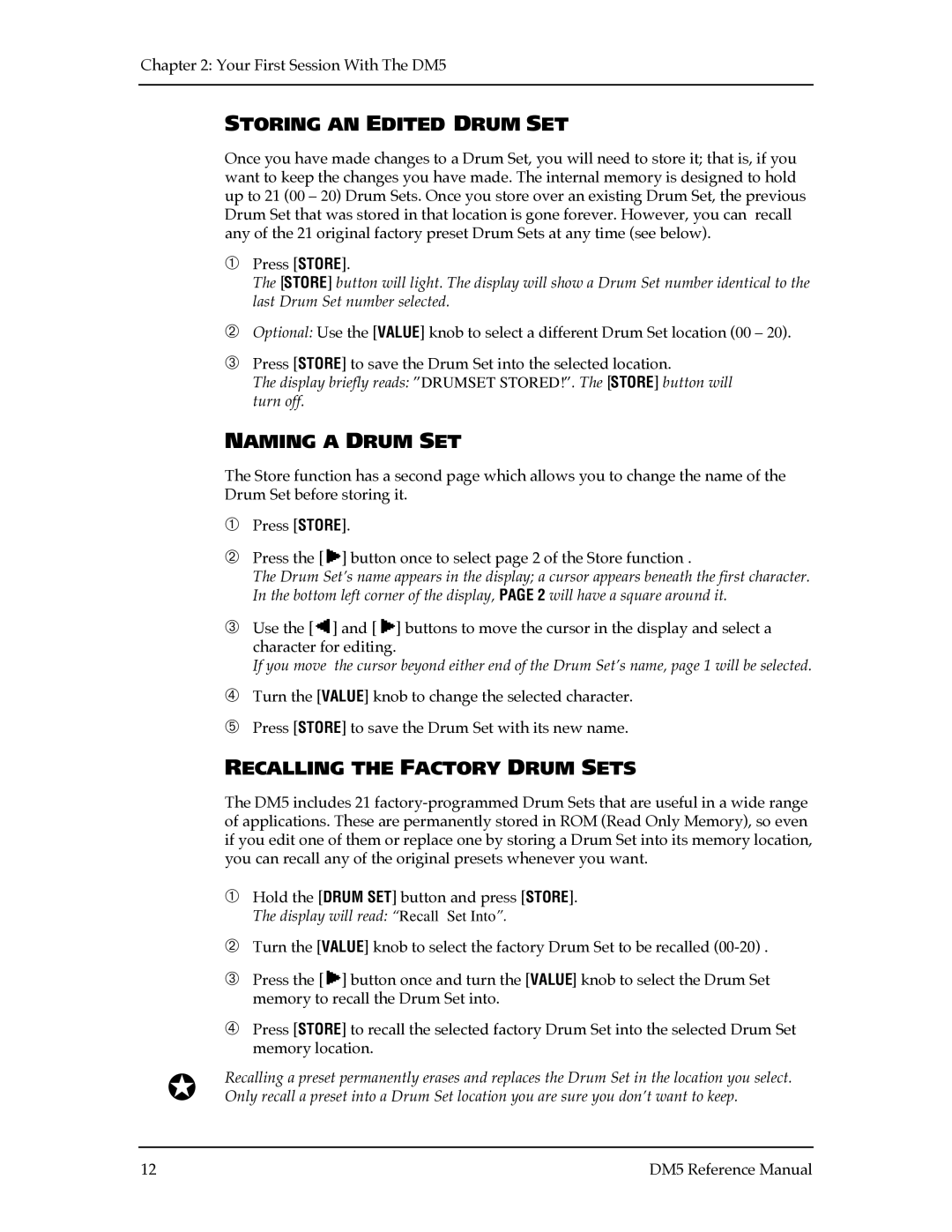 Alesis DM5 manual Storing AN Edited Drum SET, Naming a Drum SET, Recalling the Factory Drum Sets 