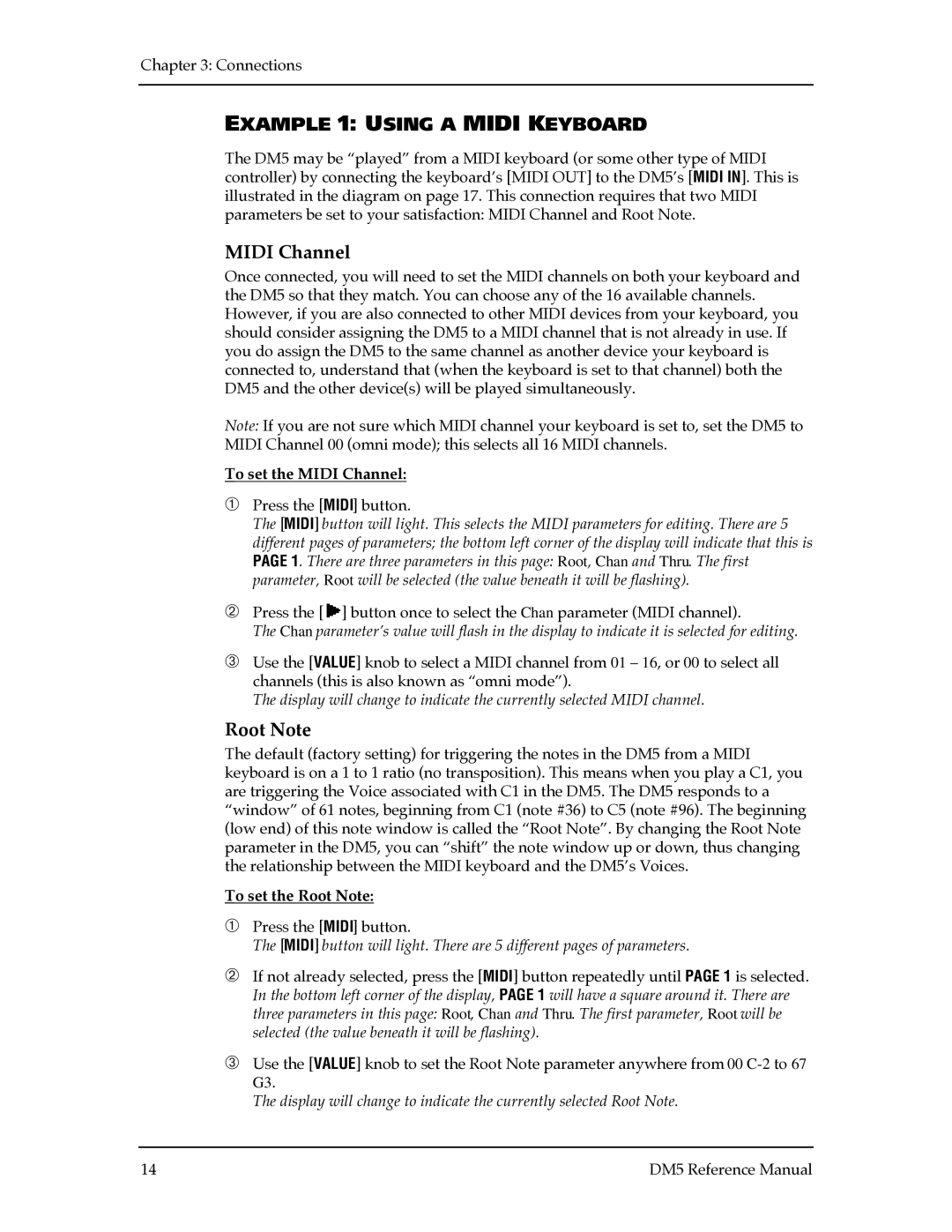 Alesis DM5 manual Example 1 Using a Midi Keyboard, To set the Midi Channel, To set the Root Note 