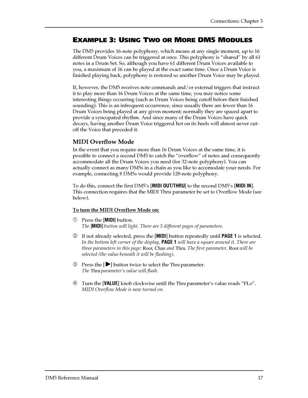 Alesis manual Example 3 Using TWO or More DM5 Modules, To turn the Midi Overflow Mode on 