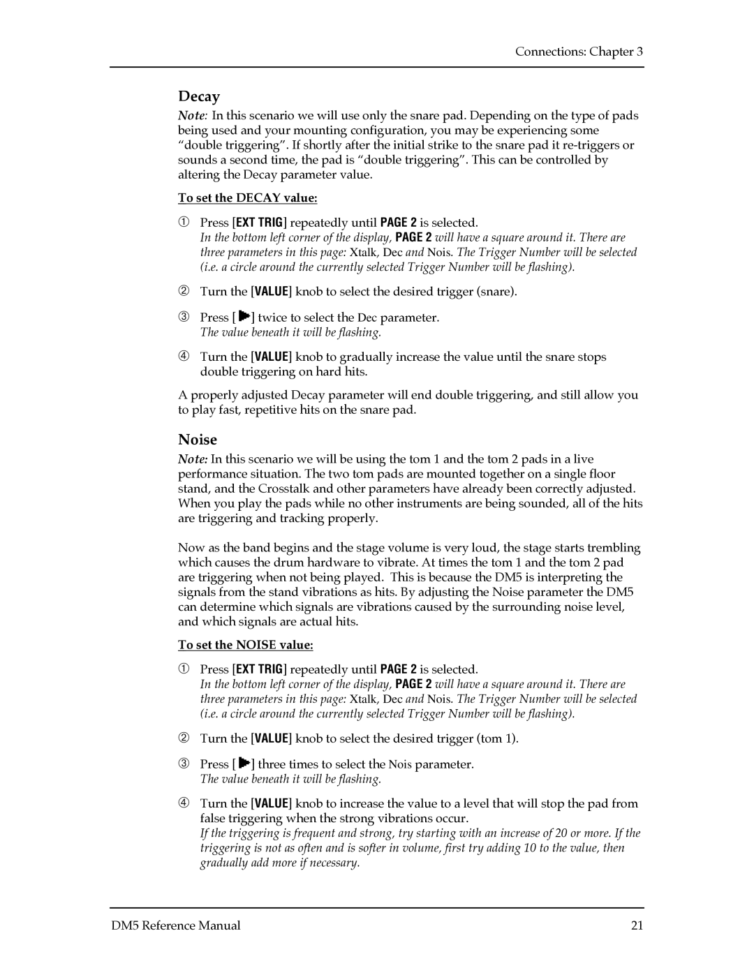 Alesis DM5 manual To set the Decay value, To set the Noise value 