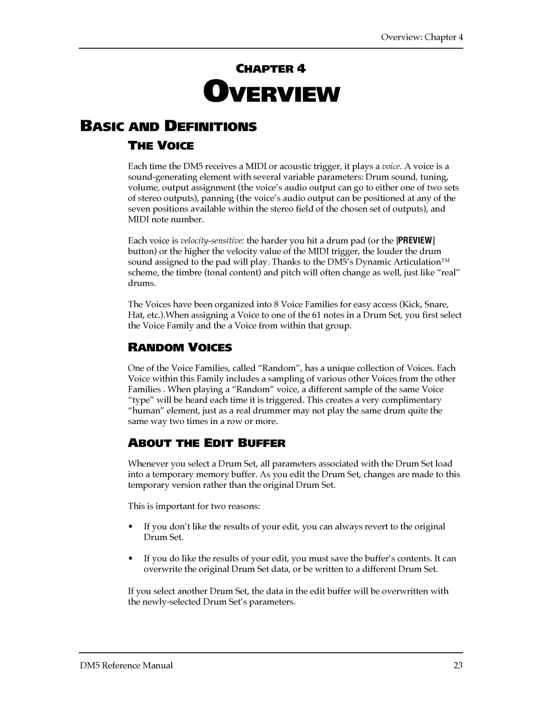 Alesis DM5 manual Overview, Basic and Definitions, Random Voices, About the Edit Buffer 