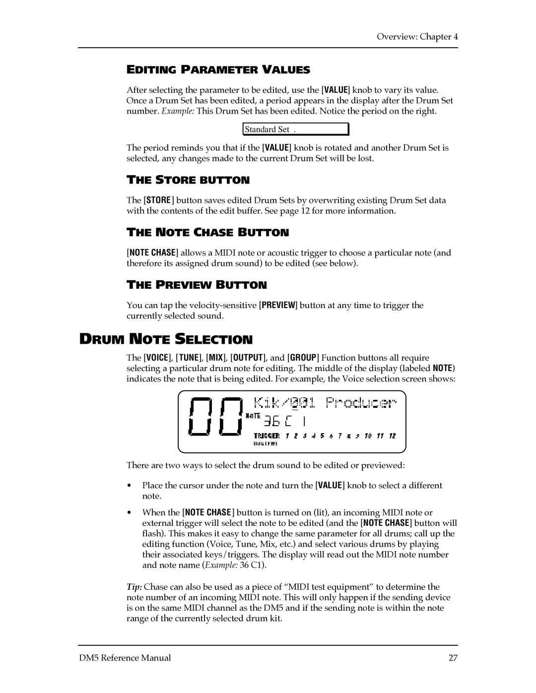 Alesis DM5 manual Drum Note Selection, Editing Parameter Values, Store Button, Preview Button 