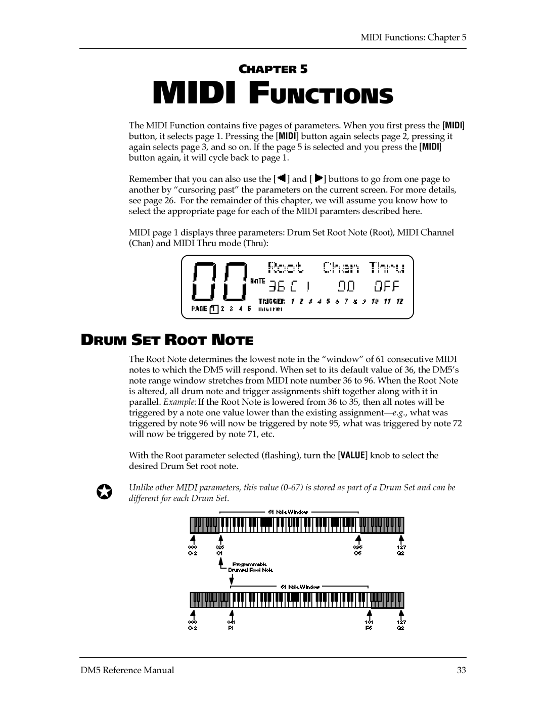 Alesis DM5 manual Midi Functions, Drum SET Root Note 