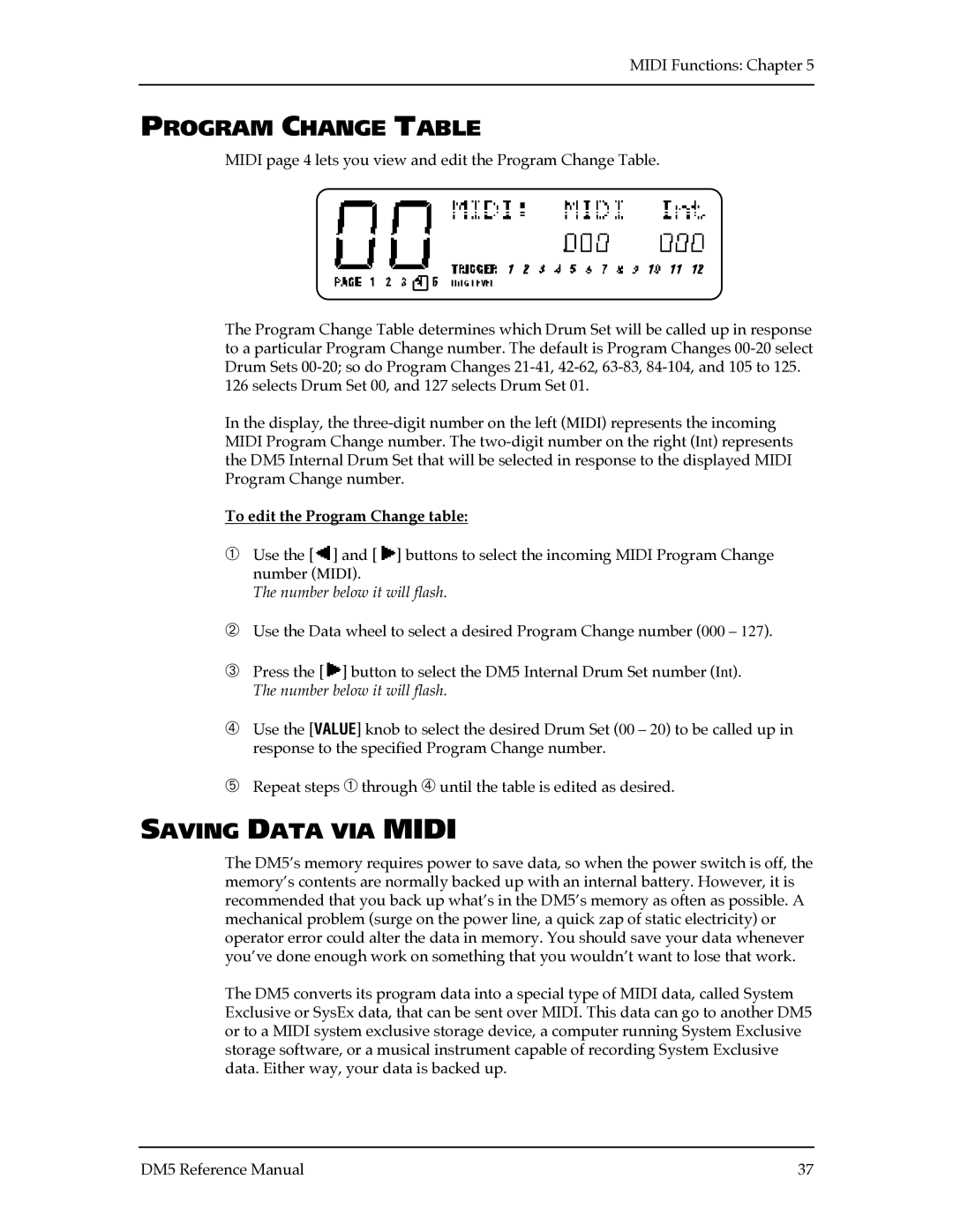 Alesis DM5 manual Program Change Table, Saving Data VIA Midi, To edit the Program Change table 