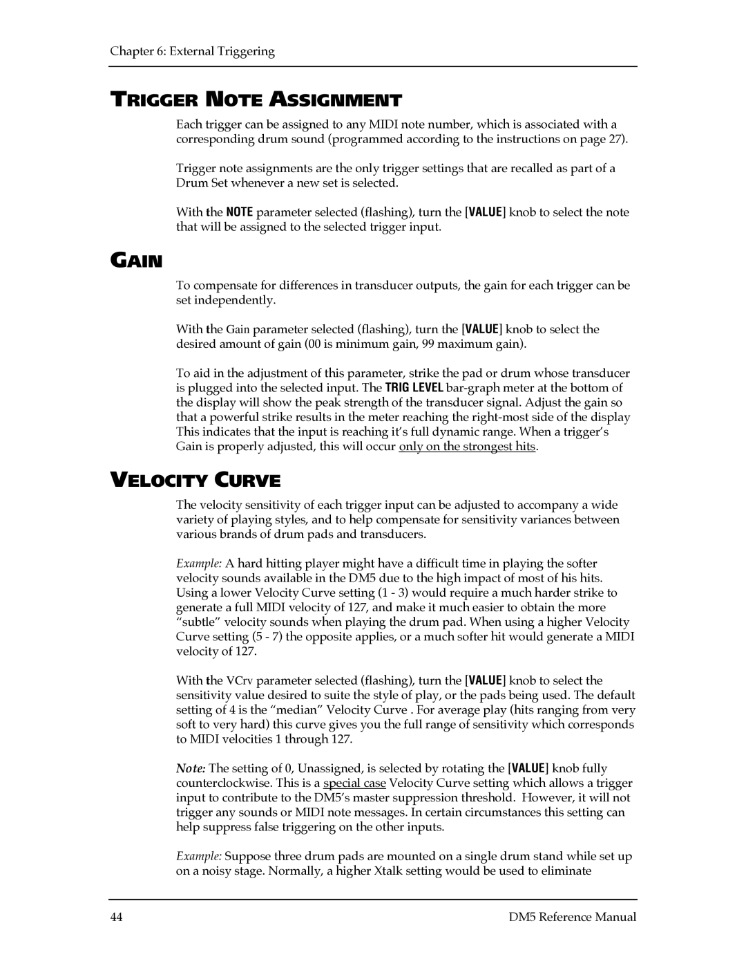 Alesis DM5 manual Trigger Note Assignment, Gain, Velocity Curve 